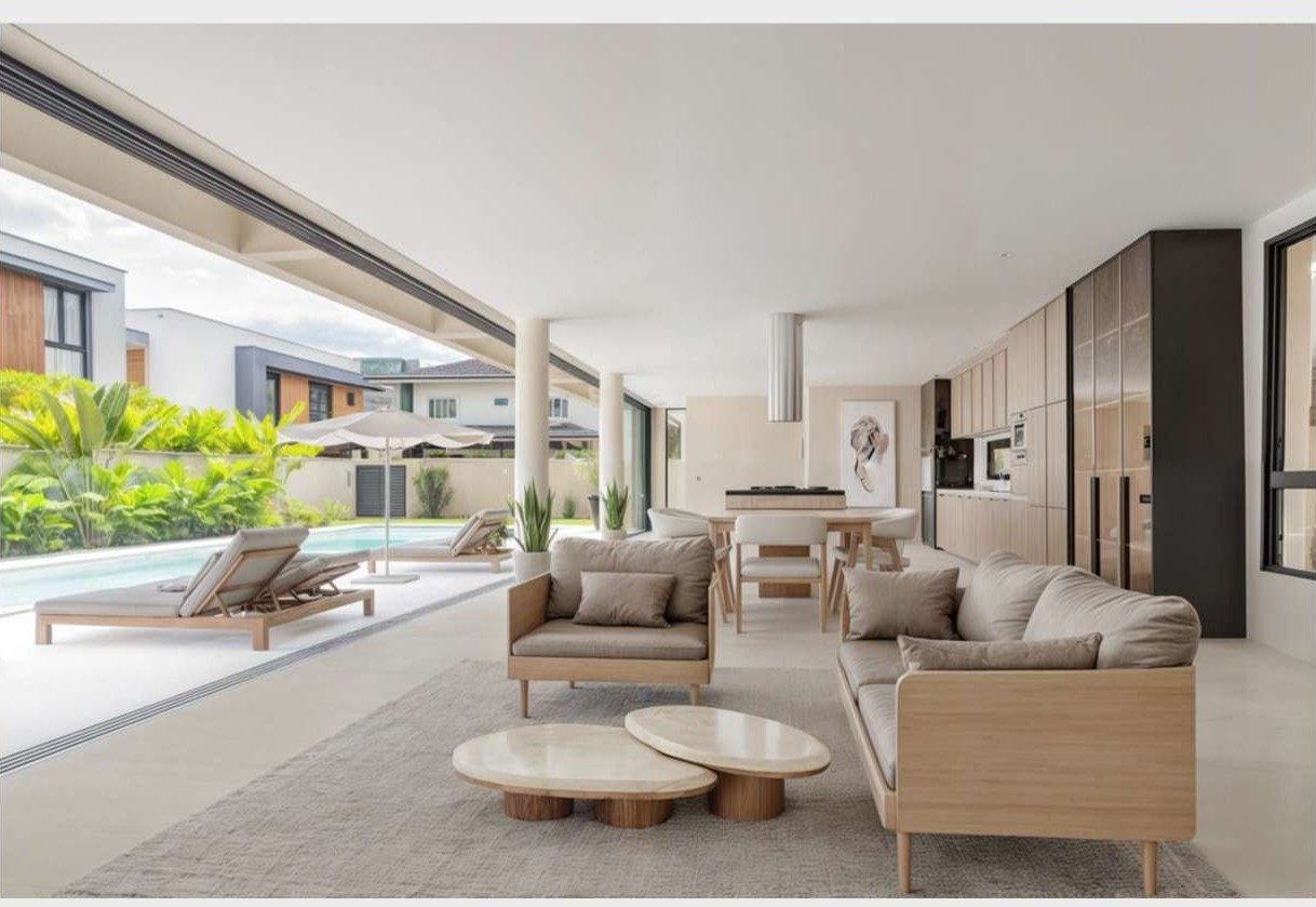 Sala mobiliada com render 3D realista
